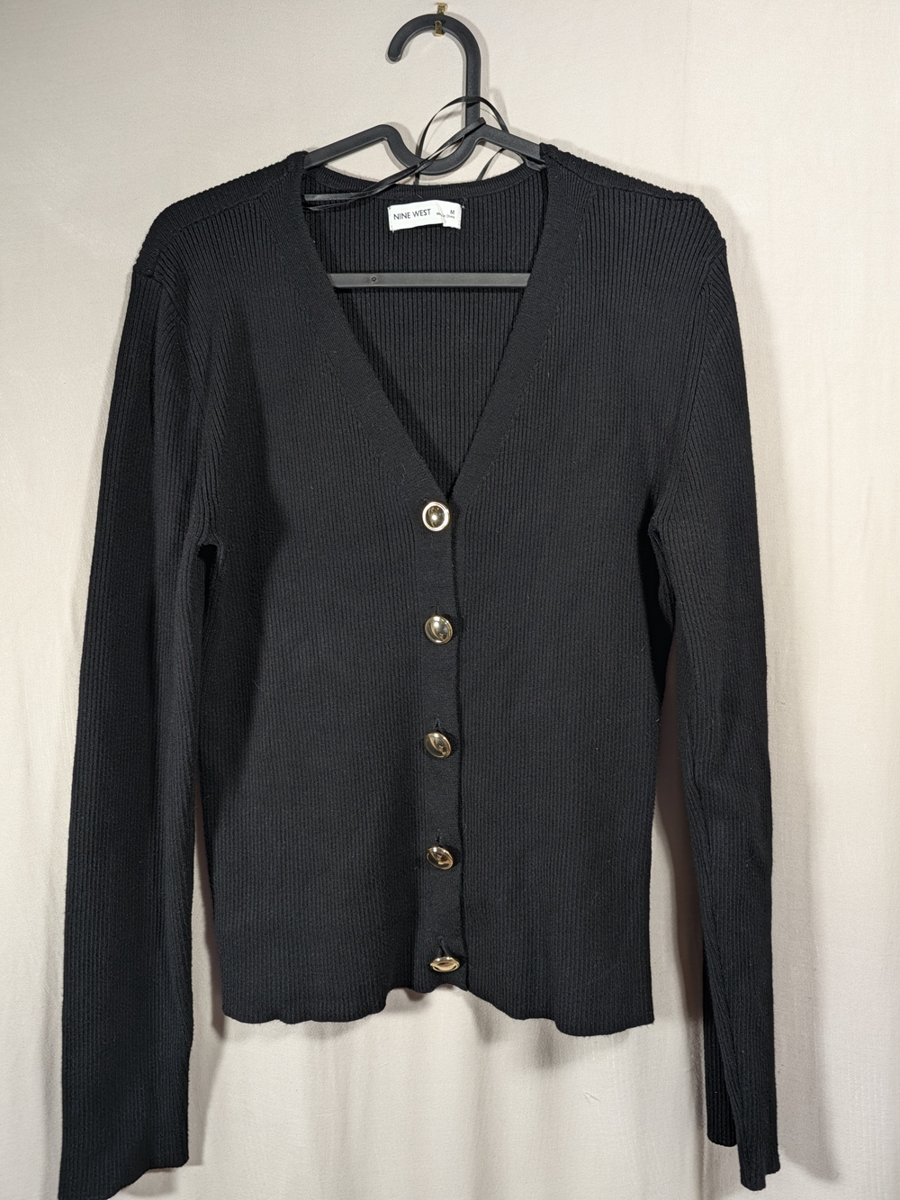 Nine West Ribbed Button Cardigan in Black Size Medium